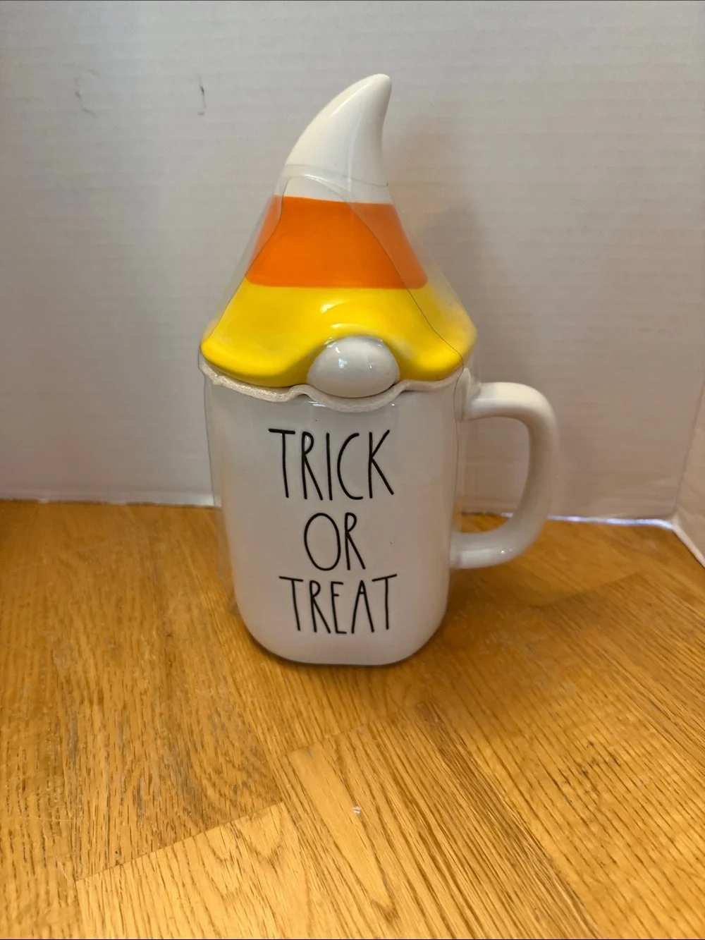 Rae Dunn White Mug with Candy Corn Gnome Lid - Orange & Yellow